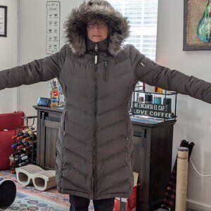 Calvin Klein Women's Down & Feather Jacket w/ Faux Fur Trim Hood, NWT,  XL, Grey